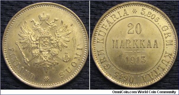 20 markkaa. Grand Duchy. The border text on the reverse details the alloy of the coin.