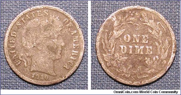 1910-S Barber Dime, looks like it got run through the mill. VF details.
