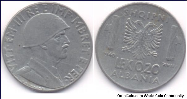 0.20 Lek Albania 1940.
Italy ocupied Albania.