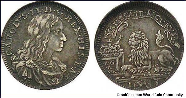 ITALIAN STATES - NAPLES.  1/8 Piastra.  Silver.  Unlisted in KM - not sure why.

Obverse depicts Charles II of Spain, ruler of Naples from 1665-1700.  Lion motif on reverse.  Initials AG/A on reverse refer to Mint Official Andrea Giovane and Assayer F. Antonio Ariani.