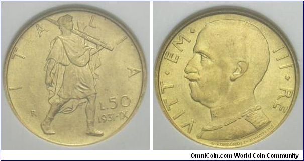 ITALY - KINGDOM.  1931-R 50 Lire.  Year IX.  .900 Gold.  Minted 1931-1933.  Mintage: 32,000.  KM#71.

Vittorio Emanuele III.  This near gem exhibits frosty mint luster and no detracting marks.