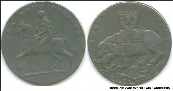 1793 Conder Token - there is a good chance that this is a contemporary counterfeit. Many of the tokens of that era are. The obverse features Lady Godiva on her famous ride. On the reverse is an elephant with a small castle on his back. Signifies (supposedly) England carrying the weight of the Empire.