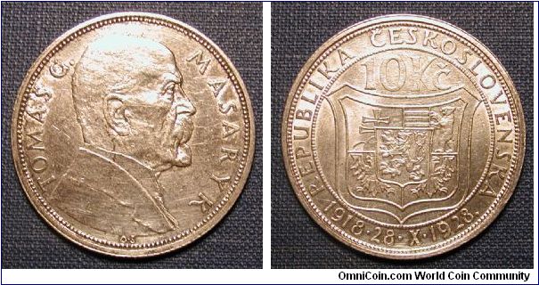 1928 Czechoslovakia 10 Korun, Tomas Masaryk first president of the Republic.  10th Anniversary of Independence.  .700 Silver.