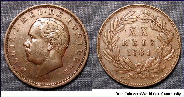 1884 Portugal 20 Reis Mintage 17,200 Bronze