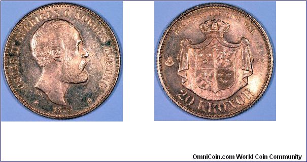 Sweden changed from Marks to Kronor in 1873, the year of our featured coin, a 20 kronor of King Oscar II.