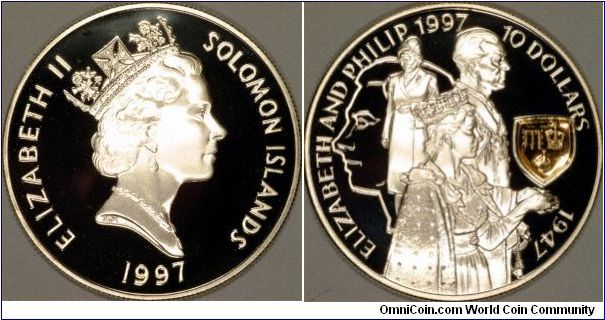 Silver proof 10 dollars issued to commemorate the golden wedding anniversary of Queen Elizabeth II & Prince Philip. A number of other countries also issued coins for this occasion, co-ordinated probably by the British Royal Mint. All feature a gold plated panel.