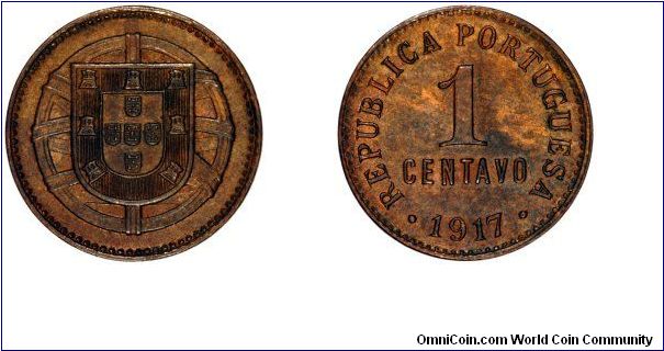 Bronze one centavo of 1917 which bears the arms of Portugal on the obverse.