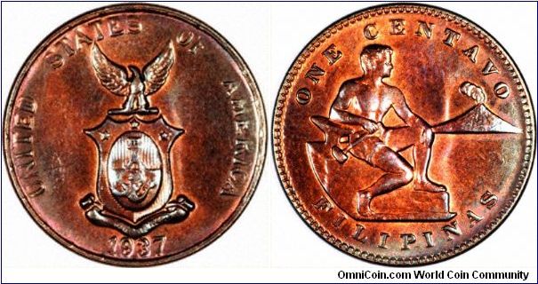 Our coin shown is a one centavo of 1937. The strong US influence is still clearly visible.