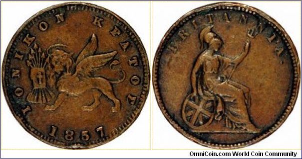 From about 1809 to 1864, the Ionian Islands of Corfu, Cephalonia, Zante, Santa Maura, Ithaca, Cythera and Paxo were under British Rule. In the later part of this period all the coins featured Britannia on their reverse.