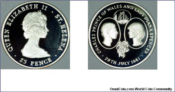 Midway between South America and Africa, St. Helena has issued coins in its own name, and also jointly with Ascension Island. 
The coin shown is to commemorate the Royal Wedding of Prince Charles to Lady Diana Spencer in 1981.