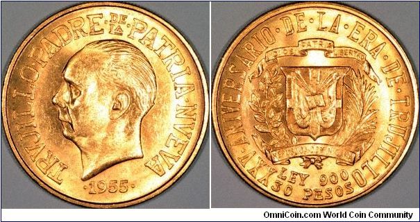 Dominican Republic occupies the eastern end of Hispaniola, has been fully independent since 1866. We illustrate its first gold coins, issued in 1955.