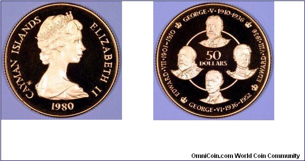 Proof gold $50 of 1980 with portraits of 4 British kings.