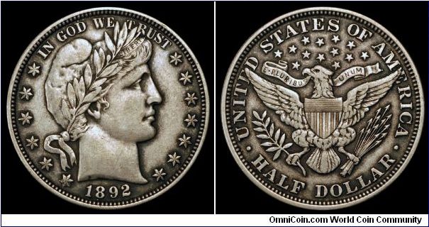 1892 Half Dollar, Barber design. First year of issue.

Re-imaged.