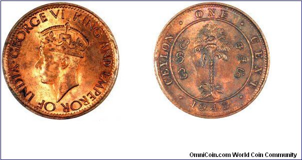 Ceylon was under British rule from 1796 to 1948, after which it became an independent republic. It changed its name to Sri Lanka in 1972 when it adopted a new constitution. Our photo shows a one cent of George VI dated 1943.