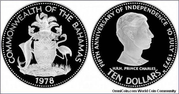 This large silver $10 coin was issued in 1978 to celebrate the fifth anniversary of independence on 10th July 1973. It features H.R.H. Prince Charles.
