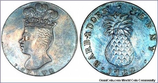 The first coinage ever issued specifically for Barbados was the 1788 penny token shown. It was issued by local plantation owner Sir Philip Gibbs. The obverse shows the head of presumably a black African slave, with the motto I Serve beneath. the reverse design is a large pineapple with the inscription BARBADOES PENNY 1788. Note the original Portuguese spelling of Barbadoes.