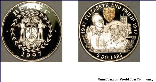 Previously British Honduras, Belize has been independent since 1981, remaining a member of the British Commonwealth. Our featured coin is a silver proof crown issued for the Queen's golden wedding in 1997, and has the Queen and Prince Philip, Duke of Edinburgh on the reverse. The obverse shows Belize's coat of arms with its motto SUB UMBRA FLOREO, which translates as I flower (or flourish) in the shade.
