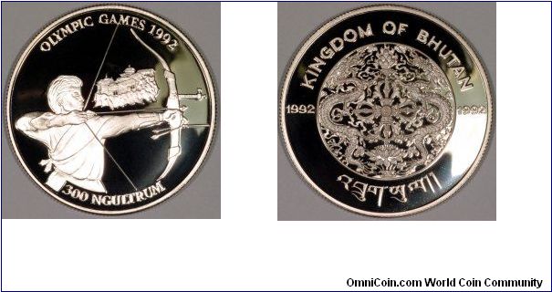 Bhutan is in the Himalayas to the north of India. It was conquered by Tibet in the 9th century, but is an independent monarchy under Indian protection since 1949. The coin shown is a 300 Ngultrums of 1992 for the Olympics, and is particularly appropriate as archery is the national sport of Bhutan.