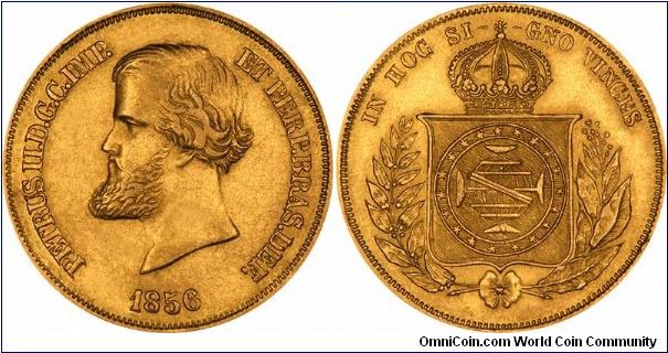 1856 Brazilian gold 20,000 reis of Pedro II. 
The Latin legend (inscription) IN HOC SI GNO VINCES means in this matter you will triumph. We seem to have triumphed in getting better photographs than previously.