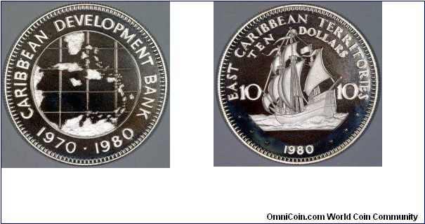 The East Caribbean Territories were formed by Barbados, Leeward Islands, and Windward Islands in 1965 after the break-up of the former British Caribbean Territories. Barbados withdrew and started issuing its own coins in 1973. From 1981 it became the East Caribbean States. In its East Caribbean Territories persona coins were only issued dated 1980 and 1981. Our featured coin is a 10 dollars of 1980 which includes Caribbean Development Bank in its inscription.