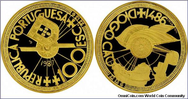 Issued as part of a Prestige proof set of Portuguese navigators, this gold 100 Escudos commemorates Diogo Cao 1486. A longitude of 22.13.6 is shown.