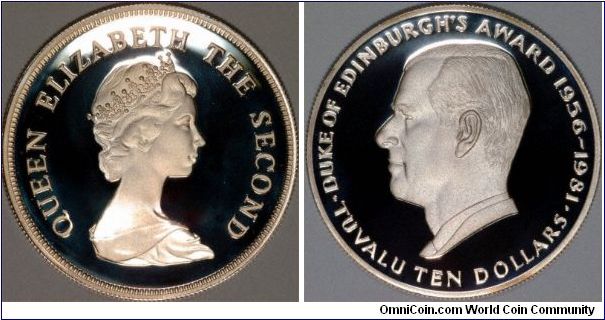 The islands were discovered in 1764 by John Byron. formerly known as the Lagoon Islands or the Ellice Islands, the islands comprising Tuvalu have been fully independent since October 1st 1978. The coin shown is a silver proof $10 to commemorate the Duke of Edinburgh Award Scheme, and rarely for any coin bears the portrait of H.R.H. Prince Philip, The Duke of Edinburgh on the reverse.