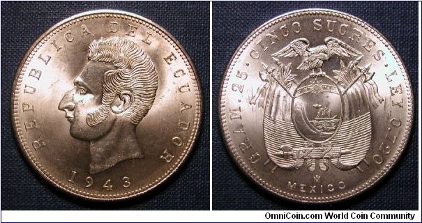 1943 Ecuador 5 Sucres Silver