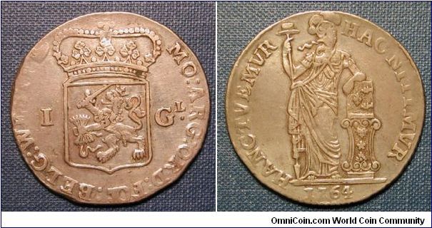 1764 Netherlands 1 Guilder

Obverse coat of arms Staten Generaal. Obv insctiption: Silver coin of the federation of the Netherlands, West Friesland

Rev: Goddess Pallas  the protector of wisdom, art, industry and agriculture. Reverse text: This (freedom) we defend and this (religion) we lean on.

Minted in West-Friesland.