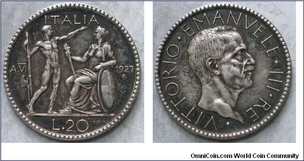 ITALY - KINGDOM. 1927-R 20 Lire. Year VI. .800 Silver. Minted 1927-1934. Mintage: 3,518,000. KM#69.

Vittorio Emanuele III. A difficult issue in higher grades.  Original patina graces this AU example.