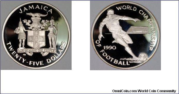 Discovered by Columbus in 1494, Jamaica has had a rich history. It adopted a decimal dollar currency in 1969. The coin pictured is a World Football Championships commemorative $25 silver proof.