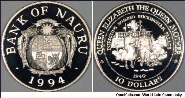 Nauru was discovered in 1798, and was previously known as Pleasant Island. Although it uses Australian dollars as it normal currency, it does issue its own commemorative coins, starting in 1993. We show a $10 silver proof coin with a 1940 scene from the life of the Queen Mother.
See the similar 19948 gold proof.