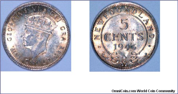 Newfoundland 5 cents of George VI.
Newfoundland issued its first coins in 1865, five years before Canada's own first coinage. This continued until 1947, and Newfoundland joined the Canadian confederation in 1949.