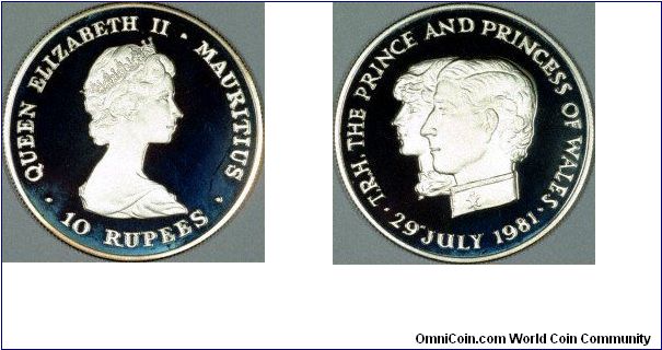 Mauritius was formerly part of Isles de France et de Bourbon under French rule. Mauritius passed to British rule in 1814 and became independent in 1968. Its first coins under British rule were issued in 1822 but undated. We show a silver proof 10 rupees of 1981.