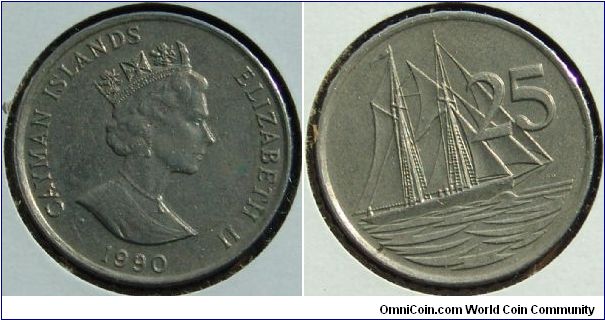 1990 25 cents from the Cayman Islands