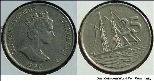 1990 25 cents from the Cayman Islands