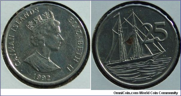 A 1992 25 Cent coin from the Cayman Islands