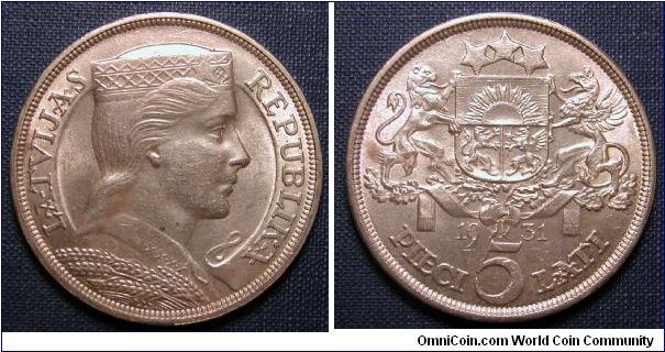 1931 Latvia 5 Lati