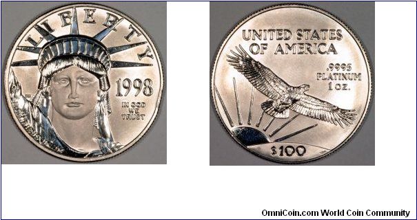 USA have produced a range of platinum coins featuring the eagle, since 1997. The range of weights start at one tenth of an ounce, and go up to one ounce.
This is a one ounce version, and seems to be the first US platinum eagle shown on Omnicoin.