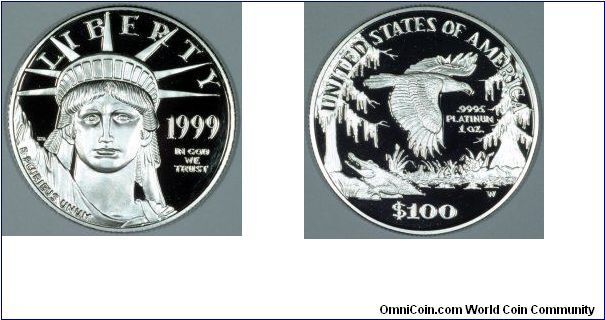 The proof platinum eagles employ different designs from their non-proof bullion counterparts which makes them more exciting! Here is a 1999 one ounce proof.