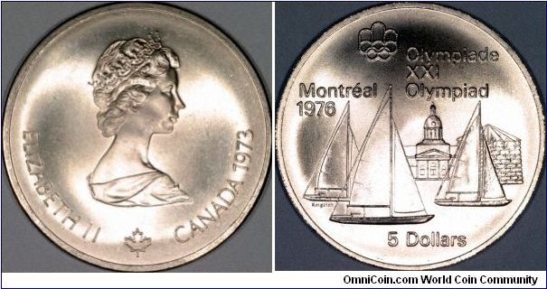 Silver 5 dollar commemorative for the 1976 Montreal olympics, 14 of each different $5 and $10 were issued in uncirculated and proof versions.
This coin shows sailboats at Kingston.