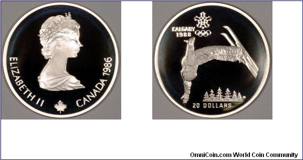 Silver proof $20 for the Calgary winter olympics of 1988. This one features freestyle.