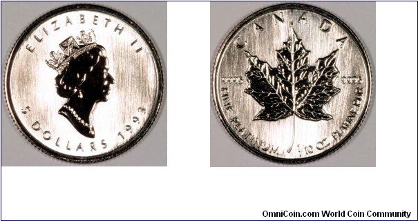 Canada have produced a range of platinum coins featuring the maple leaf, since 1988. The range of weights start at one twentieth of an ounce, and go up to one ounce.
This is a tenth ounce.