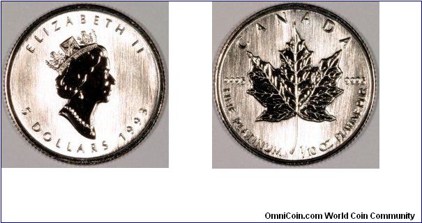 Canada have produced a range of platinum coins featuring the maple leaf, since 1988. The range of weights start at one twentieth of an ounce, and go up to one ounce.
This is a tenth ounce.