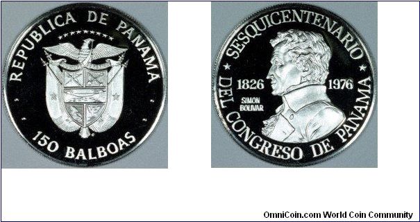 Panama proof platinum 150 balboas for the 150th anniversary of the Congress of Panama in 1826, featuring a vry fine portrait of Simon Bolivar.