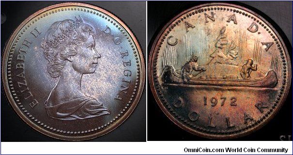 Nicely toned 1972 Specimen Canadian dollar. These are often called proof coins.However, The RCM didn't not strike true proofs until 1981. You find these 1972 dollars often tone really nice when left in their black case of issue. I need more practice with imaging toned coins.