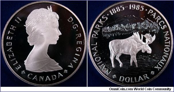 A beautiful 1985 Proof dollar commemorating the national parks. A real super cameo on this coin!