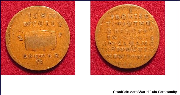 Ireland, 1761, Copper 2d token of John McCully, Brewer, Newtownards, 25.3 mm