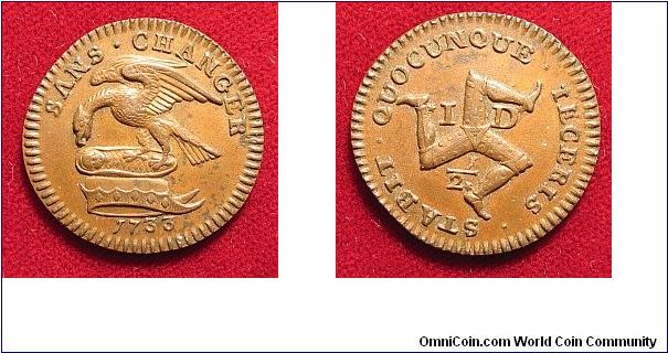 Isle Of Man, Halfpenny, 1733, AE, 24.1 mm.

Often called a token in error, this coin was issued under the Lordship of James Stanley, 10th Earl Of Derby. The obv. depicts the Stanley crest, the Eagle and Child, the origin of which is the 14th-century legend of Sir Thomas Lathom arranging for his illegitimate son to be left near an eagle's aerie, to be 'found' when walking with his wife, and adopted. In 1406, John Stanley inherited the Lathom estates through marriage, adopting a modified crest.