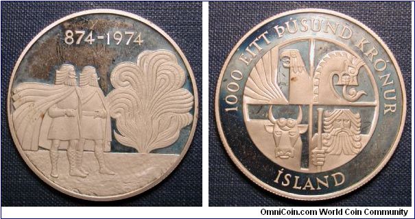 1974 Iceland 1000 Kronur, Rainbow toning, Silver Proof.