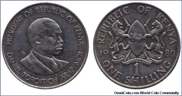 Kenya, 1 shilling, 1980, Cu-Ni, Daniel Toroitich Arap Moi.                                                                                                                                                                                                                                                                                                                                                                                                                                                          